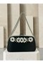 Women's Evening Clutch Bag with Black Stone Accents, Satin, and Chain-Accented Design—Perfect for Weddings and Engagements - 2