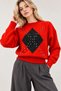 Women's Soft Knit Sweater with Red Stone Embellishments and a Patterned Crew Neck - 4