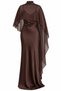 Brown Satin Evening Gown with Tulle Cape and Spaghetti Straps - 206400