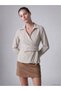 TWO MT SHOP QUALITY LCW STUDIO Ecru Double-Breasted Tie-Detail Button-Down Striped Women's Shirt