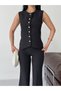 Women's Gold-Buttoned Vest Set and Pants Set with Slits at the Hem—Stylish Two-Piece Set