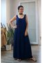 Navy blue, front-and-back ruched, ankle-length, jersey viscose strapless dress