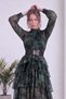 Women's Midi Length Chiffon Dress with Ruffle Detail, Belt Detail, and Print; Long Sleeves; Green, Brown, Purple - 4