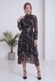 Women's Midi Length Chiffon Dress with Ruffle Detail, Belt Detail, and Print; Long Sleeves; Green, Brown, Purple - 5