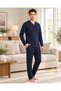 REALMOOD Men's Navy Blue 100% Cotton Button-Down Pajama Set – Long-Sleeved, Red Piped Trim, Top with Pockets, Relaxed Fit