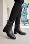 Women's Black Genuine Leather Heeled Zip-Up Boots with Ankle Strap, Fleece-Lined Insulation 9783-1 - 2