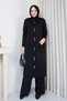 Women's Cold-Spun Knit Modest Set: Long Tunic, Jacket, and Pants Two-Piece Set with 10 Buttons, Black