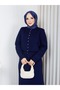 Short Jacket and Maxi Skirt Modest Skirt Set for Women, Knit Button-Down Winter Two-Piece Set, Navy Blue - 4