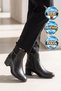 Black Genuine Leather Zip-Up Women's Heeled Boots with Fleece-Lined Insulation 24115-1 - 3
