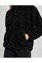 Women's Black Plush Mock Neck Jacket with a Stand-Up Collar, Zipper, and Zippered Pockets - 2