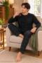Men's Long-Sleeved Black Plaid Printed Cotton Knit Pajama Set