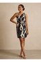 Stylish One-Shoulder Mini Dress with Black Cream Pattern and Sash Detail - Evening, Formal, and Cocktail Dress