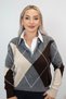 Gray Plaid Shirt-Detail Knit Sweater
