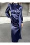 Side Tie Pleat Detailed Satin Evening Dress Navy Blue 583236 - 5