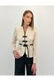 Avelina Belted Blazer with Belt Detail and Contrast Trims, Paired with Pants—Cream and Black Suit - 4