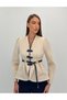 Avelina Belted Blazer with Belt Detail and Contrast Trimming, Paired with Pants—Cream and Navy Suit - 4