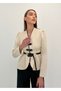 Avelina Belted Blazer with Belt Detail and Contrast Trims, Paired with Pants—Cream and Black Suit - 6