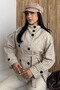 Women's Short Melton Coat with Belted Mock Neck, Stand-Up Collar, and Buttons - Plaid Trench Coat Jacket - 8