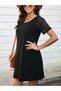 Women's short sleeve round neck viscose dress with stripe sleeve detail - 2