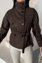 Women's Short Melton Coat with Belted Mock Neck, Stand-Up Collar, and Buttons - Plaid Trench Coat Jacket - 2