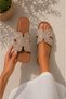 Women's Beige Knitted Woven Genuine Leather Comfortable Casual H Slippers - 4