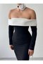 Women's Black and White Madonna Collar Long Stretch Dress