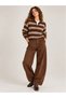 Brown Polo Collar Striped Oversized Sweater