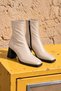 Women's Beige Leather Square-Toe Thick Heel Stretch Boots with Side-Zip Closure