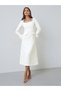 Cream Tweed-Look Midi Dress with Faux Feather Cuffs - 3