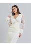 Cream Lace Wrap Front Midi Dress with Faux Fur - 2