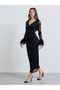 Black Lace Wrap Front Midi Dress with Faux Fur - 3