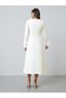 Cream Tweed-Look Midi Dress with Faux Feather Cuffs - 5