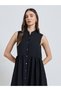 Black Solid Collared Shirt Midi Dress - 2