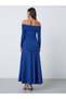 Blue Off-Shoulder Pleated A-Line Maxi Dress - 6
