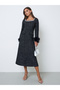 Black Tweed-Look Midi Dress with Faux Feather Cuffs