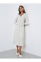 Off White Tweed-Look Midi Dress with 3/4 Sleeves