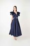 Taffeta Fabric Shoulder Flounce Midi Dress - Dark Blue