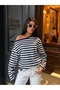 Women's Navy Blue Striped Off-Shoulder Oversize Blouse - 4