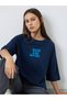 Navy Blue Slogan Print Oversized Cotton T-Shirt