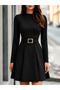 Women's long sleeve mock neck short modal dress with buckle detail at the waist.