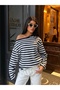 Women's Navy Blue Striped Off-Shoulder Oversize Blouse - 2