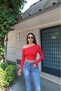 Scuba Fabric Blouse with Drop-Shoulder Sequined Shoulder Details, Red - 3