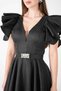 Taffeta Fabric Shoulder Flounce Midi Dress - Black - 3