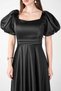 Satin Fabric Square Collar Evening Dress with Flounce Detail - Black - 4