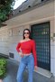 Scuba Fabric Blouse with Drop-Shoulder Sequined Shoulder Details, Red - 2