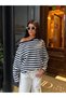 Women's Navy Blue Striped Off-Shoulder Oversize Blouse - 5