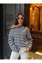 Women's Navy Blue Striped Off-Shoulder Oversize Blouse - 5