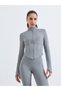 Grey Half Panel Rib Textured Zip Up Jacket and Leggings Set - 3