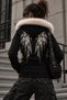 Angel Back-Printed Zipper Black Slim Fit Gothic Fur-Trimmed Cardigan