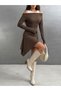Women's Off-the-Shoulder Asymmetrical Dress, Brown – Tank Top Neckline, Long Sleeves, Mini-Length Dress - 4